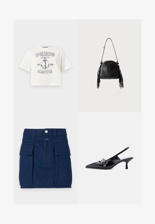 Camiseta blanca recortada con gráfico de ancla negra, "PARIS AMOUR", "MAJE" y el año "1998" impresos en el frente.; Minifalda de mezclilla azul oscura con dos grandes bolsillos frontales, cierre de botón metálico y corte recto. Tejido ligeramente texturizado.; Zapato de charol negro con talón bajo tipo slingback, punta puntiaguda y detalle de hebilla plateada sobre fondo blanco liso.; Bolso de piel negra con forma curvada, correa larga ajustable y detalles de flecos en ambos lados sobre un fondo claro.