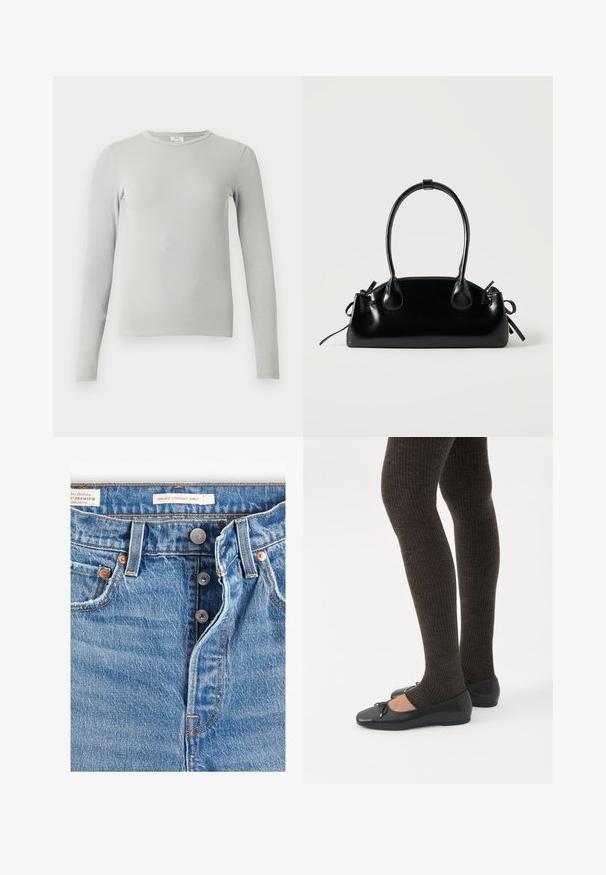 Camiseta gris claro de canalé con mangas largas, cuello redondo, ajuste entallado y una pequeña etiqueta de marca de tela en el interior del cuello.; Jeans de mezclilla azul claro con corte recto a la altura del tobillo. Incluye cinco bolsillos, dos botones de metal y costuras naranjas visibles. Etiquetas presentes.; Piernas con leggings oscuros acanalados combinados con bailarinas negras que presentan pequeños detalles de lazo sobre un fondo blanco.; Pequeño bolso negro brillante con dos asas largas y detalles de cordón lateral sobre un fondo claro liso.