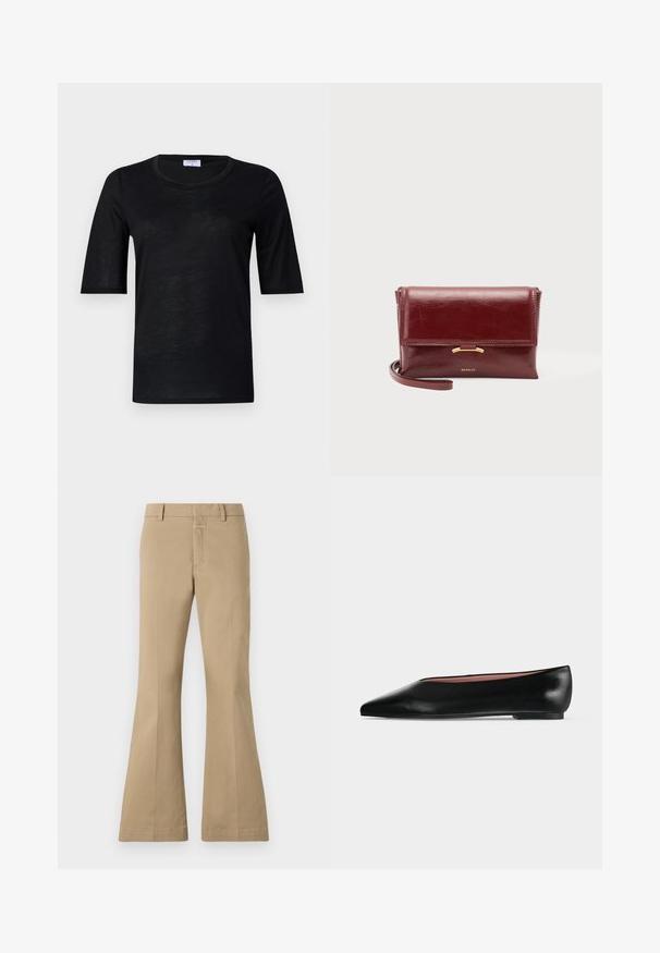T-shirt noir à manches courtes en tissu léger avec un col rond, présentant une texture lisse et une coupe décontractée.; CLOSED FELISE - Pantalon classique - urban beige; Chaussure plate en cuir noir pour femme, avec bout pointu et petit talon, vue de côté sur un fond gris clair uni.; Petit sac pochette en cuir bordeaux avec fermeture à rabat, accent doré et bracelet poignet, posé sur un fond uni.