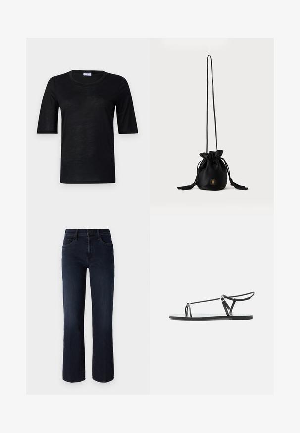 Sort kortærmet T-shirt lavet af letvægtsstof med rund halsudskæring, der har en glat tekstur og en afslappet pasform.; Mother THE MID RISE RAMBLER - Jeans Straight Leg - dunkelblau; Sort flad sandal med tynde remme, en tå-løkke og en justerbar ankelspænde på en lys grå baggrund.; Sort snørelukket bucket-taske med lang tynd rem og lille gyldent firkantet logo foran, vist mod en ensfarvet baggrund.