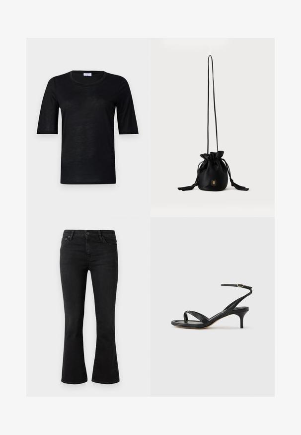 Sort kortærmet T-shirt lavet af letvægtsstof med rund halsudskæring, der har en glat tekstur og en afslappet pasform.; Sort flagrende jeans i denim stof, med et klassisk 5-lomme design, frontlukning med knap og let slid på lårene.; Sort damesandal i læder med tynde remme, en tå-loop, ankelspænde og en mellemhøj stiletthæl på en neutral baggrund.; Sort snørelukket bucket-taske med lang tynd rem og lille gyldent firkantet logo foran, vist mod en ensfarvet baggrund.