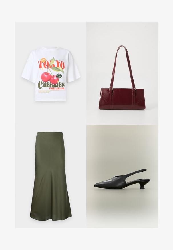 Camiseta blanca de algodón con mangas cortas, con un estampado gráfico de cerezas rojas y el texto "TOKYO CHERRIES SWEET ESCAPE" en colores vivos.; Falda midi ajustada de satén color verde oliva, con un corte acampanado en el dobladillo, exhibida sobre un fondo blanco.; Zapato slingback de cuero negro con punta afilada y tacón bajo tipo kitten sobre fondo neutro.; Bolso burdeos hecho de material brillante, de forma rectangular, con dos asas para el hombro y sutiles acentos curvados en la parte frontal.