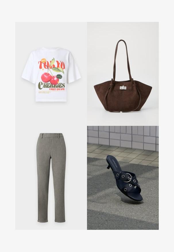 Camiseta blanca de algodón con mangas cortas, con un estampado gráfico de cerezas rojas y el texto "TOKYO CHERRIES SWEET ESCAPE" en colores vivos.; Pantalones ajustados gris tailored con trabillas para cinturón y bajos remangados, adecuados para ropa formal o de oficina.; Sandalia negra de tacón con tiras cruzadas que presentan ojales plateados y una hebilla redonda, situada sobre un pavimento texturizado junto a una pared con azulejos.; Bolso tote de ante marrón con una forma estructurada, que presenta un cierre de metal plateado y dos asas. Textura suave con costuras de acento.