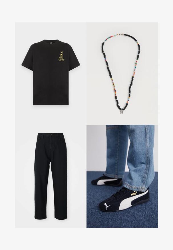 T-shirt noir à manches courtes avec un petit motif d'astronaute jaune sur le haut gauche de la poitrine, présenté sur un fond clair uni.; Pantalons en denim noir avec une coupe droite. Comprend un design classique à cinq poches, une fermeture à bouton et une texture de tissu subtile.; Baskets en daim noir avec accents blancs, arborant un logo doré. Portées avec un jean en denim bleu clair et posées sur une surface bleue texturée.; Collier avec des perles noires et multicolores alternées, comportant de petits anneaux en argent et un pendentif rectangulaire en perle transparente.