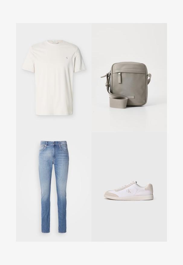 Camiseta blanca lisa de manga corta con cuello redondo y pequeño parche con el logo CK en el lado izquierdo del pecho.; Jeans de mezclilla azul claro con corte recto, que presentan una cintura de altura media, cinco bolsillos y un ligero desgaste en la tela.; Zapatilla baja blanca y beige con cordones en la parte delantera, detalles de ante y logotipo "cK" en el lateral, mostrada de perfil sobre un fondo llano.; Bolso cruzado gris con una textura suave, forma rectangular, correa ajustable, bolsillo con cremallera en la parte frontal y un logotipo de marca sutil en la parte delantera.