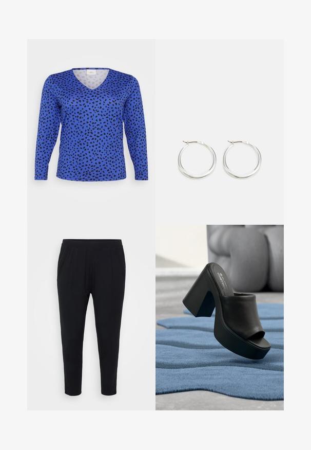 T-shirt à manches longues bleu en V avec un motif de taches de léopard noires. Texture lisse, coupe classique et ourlet standard.; Pantalon noir avec une coupe décontractée, taille élastique et plis discrets. Fabriqué dans un tissu doux, avec des jambes fuselées et sans poches.; Chaussure mule à plateforme noire à talon haut et bout ouvert reposant sur un tapis texturé bleu avec un mobilier gris flou en arrière-plan.; Les boucles d'oreilles en argent en forme de créole présentent un design lisse et arrondi avec un profil fin et un fermoir sécurisé. Style minimaliste avec une finition polie.