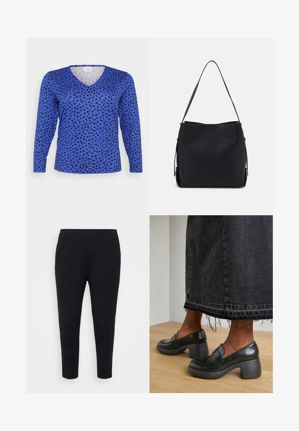 Top azul de cuello en V de manga larga con un patrón de manchas de leopardo en negro. Textura suave, corte regular y un dobladillo estándar.; Pantalones negros de corte relajado, con cinturilla elástica y suaves pliegues. Confeccionados en una tela suave, con piernas ajustadas y sin bolsillos.; Zapatos de tacón cuadrado de cuero negro con punta redondeada y detalles de costura. Llevados con una falda de mezclilla oscura con dobladillo deshilachado sobre un suelo de madera.; Pieces PCBONY - Bolso de mano - black