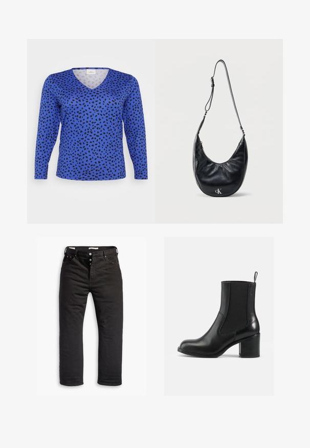 Blaue V-Ausschnitt Langarmbluse mit Leopardenfleckenmuster in Schwarz. Glatte Textur, reguläre Passform und eine klassische Saumlinie.; Schwarze Denim-Jeans mit geradem Bein, ausgestattet mit einem Knopfverschluss, fünf Taschen und dezentem Stickdetail. Angenehme Textur.; Schwarze Lederknöchelstiefel mit elastischen Seitenpaneelen, abgerundeter Spitze und Blockabsatz. Glatte Textur mit minimalen Nähdetails.; Schwarze, halbmondförmige Lederschultertasche mit verstellbarem Riemen und silbernem "cK"-Logo auf der Vorderseite, vor einem schlichten weißen Hintergrund.