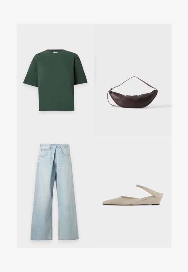 T-shirt en coton vert avec une coupe décontractée, col rond et manches courtes. Texture lisse et design minimaliste.; Jean denim bleu clair à jambes larges avec passants de ceinture et poches avant, présenté de face sur un fond uni.; Chaussure slingback beige à petit talon compensé, bout pointu et finition mate lisse, présentée de profil sur fond blanc.; Sac d'épaule en cuir marron foncé en forme de croissant avec une lanière courbée et des coutures visibles sur fond uni.