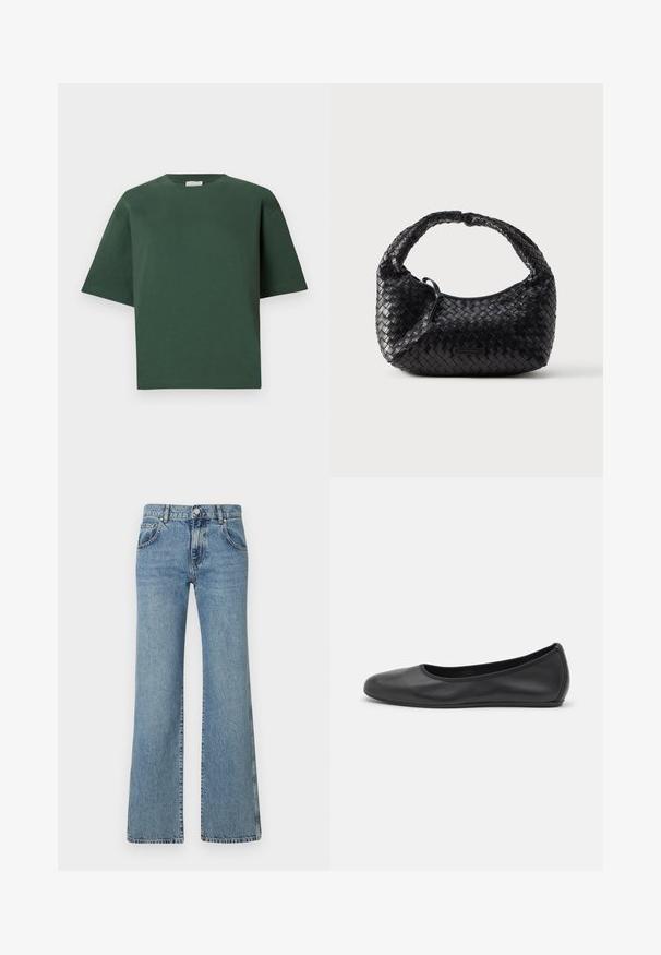 Grøn bomuld t-shirt med løs pasform, rund halsudskæring og korte ærmer. Glat tekstur og minimalistisk design.; Lyseblå, flagrende jeans i denimstof med en talje med knaplukning, fem lommer og et klassisk syet design.; Sort læderballetsko med rund tå, glat tekstur, minimal syning og et fleksibelt såldesign.; Sort flettet håndtaske med en rundet form, tekstureret finish og et buet håndtag. Har et diskret logo på forsiden.