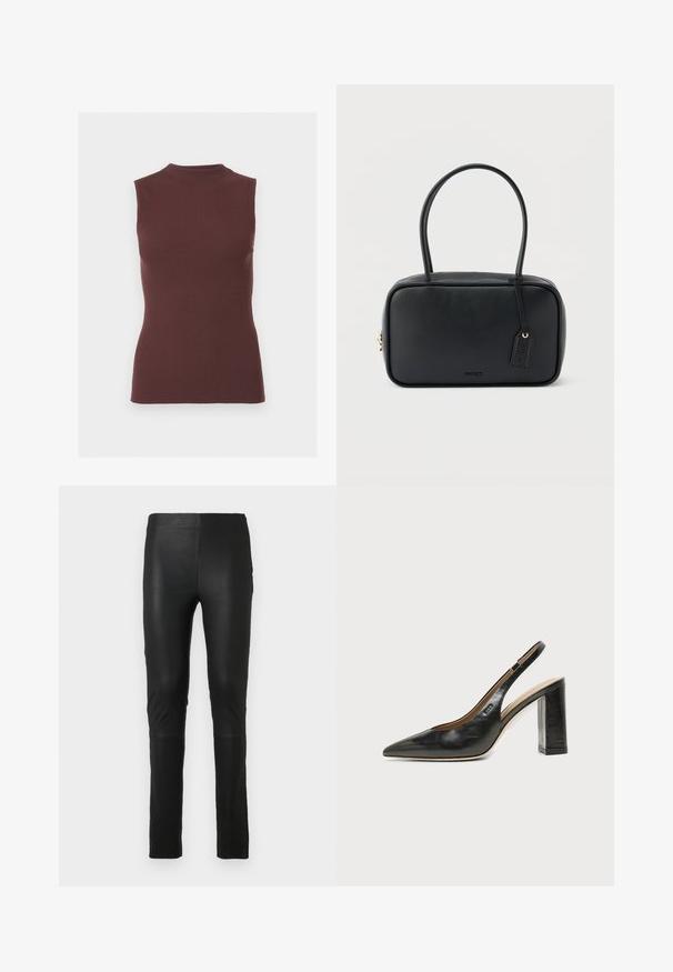 Top sin mangas de punto acanalado en marrón oscuro con cuello simulado y silueta ajustada.; Leggings negros hechos de un tejido liso y elástico. Diseño ajustado con una textura suave. Presentan detalles de costura en las rodillas.; Zapato slingback de piel negra con puntera puntiaguda, tacón alto y ancho, y forro interior beige sobre un fondo claro y liso.; Bolso rectangular negro con asas dobles redondeadas, cremallera dorada y logo "HUGO" en relieve en el frente con etiqueta de cuero adjunta.