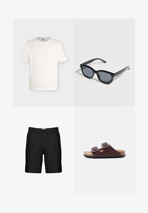 Schlichtes weißes T-Shirt mit kurzen Ärmeln und Rundhalsausschnitt, mit einem kleinen Markenetikett innen am Kragen und einem Seitenschild.; Schwarze Leinen-Shorts mit flachem Vorderteil, Gürtelschlaufen und einem einzelnen Knopfverschluss. Sie verfügen über einen strukturierten Stoff und leicht tapered Beine.; Braune Lederschiebe-Sandale mit zwei verstellbaren silbernen Schnallen, Korkfußbett und schwarzer Gummisohle, seitlich auf weißem Hintergrund gezeigt.; Schwarze rechteckige Sonnenbrille mit dunkel getönten Gläsern und dicken Rahmen, auf einer hellen Oberfläche liegend.