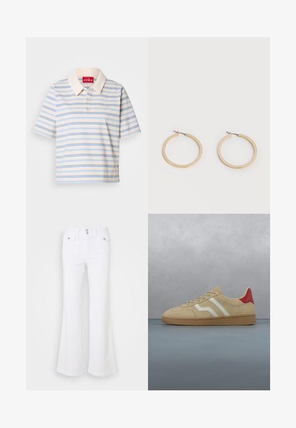 Polo à manches courtes en crème avec des rayures horizontales bleues et brunes, doté d'un col boutonné et d'un petit logo sur la poitrine gauche.; Jean flare blancs en denim, avec une taille haute, deux poches avant et des boutons en métal argenté sur un fond uni.; Baskets en daim beige avec un accent rouge au talon, des bandes blanches et une semelle en caoutchouc texturée beige clair. Muni de lacets et d'un intérieur lisse.; Paire de boucles d'oreilles créoles moyennes lisses ton or avec fermoirs à charnière sur fond clair uni.