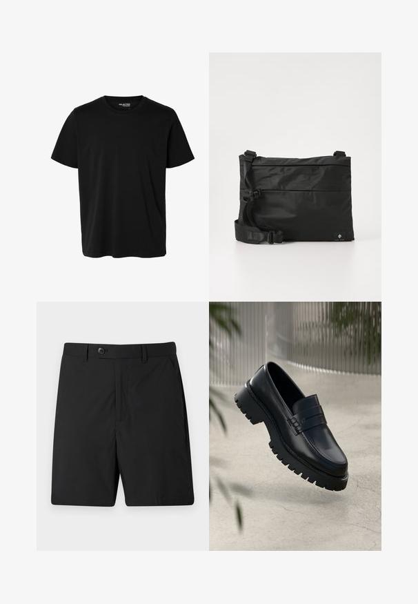 Camiseta negra lisa de manga corta y cuello redondo con corte de hombre, sin patrones ni logotipos visibles en el delantero.; Pantalones cortos negros de tejido ligero, con cierre de botón, dos bolsillos laterales y corte recto. Textura suave y diseño sencillo.; Mocasines de cuero negro con suela gruesa, que presentan una correa decorativa y detalles de costura. Textura suave con un acabado pulido.; Bolso mensajero de nylon negro con correa ajustable, diseño plano y una etiqueta lateral con un logo. Textura suave y estilo minimalista.