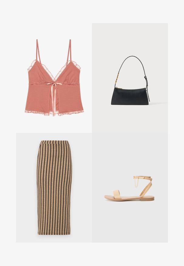 Støvet rosa camisole med blondekant, justerbare spaghettistropper og et satinbånd i taljen. Blødt stof med et flagrende design.; Strikket blyantskirt i tan med vertikale sorte striber. Mellemlangt, tætsiddende design med en glat tekstur og enkel talje. Ingen synlige lukninger.; Beige flad sandal med en enkelt bred rem, ankelrem med spænde og dekorativ kæde detalje. Glat læderlignende tekstur og flad sål.; Sort læderhåndtaske med en guldlås og justerbar rem med gyldne rektangulære detaljer på en hvid baggrund.