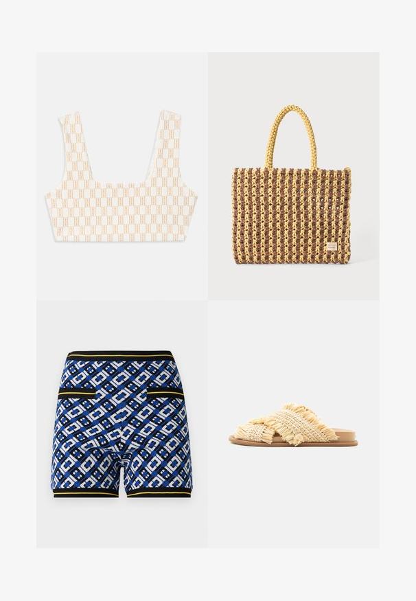 Bralette de marque en crème avec un motif géométrique léger orange sur toute sa surface. Présente des bretelles larges et un col carré.; Shorts en tricot à motifs présentant un design géométrique bleu, noir et blanc, avec des accents jaunes contrastés et des poches sur les côtés.; Sandale à enfiler avec semelle plate et lanières croisées en paille beige tissée avec bords frangés, présentée sur un fond blanc.; Sac tissé marron et jaune, de forme rectangulaire, avec deux poignées, et une finition texturée avec des coutures visibles et une étiquette de marque.