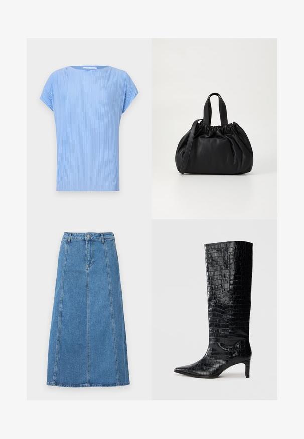 Lyseblå top lavet af plisseret stof. Har rund halsudskæring og korte ærmer med en glat, let skinnende tekstur.; Denim midi-nederdel i lyseblå med lige skæring, frontknaplukning, fem bæltesløjfer og to sidelommer.; Sorte knæhøje støvler med en blank, krokodillemønstret tekstur, spids tå og en affaset hæl. Glat syntetisk materiale.; Sort læderhåndtaske med en samlet topdesign, der har to korte håndtag og en lang justerbar rem. Glat overflade, rund form.