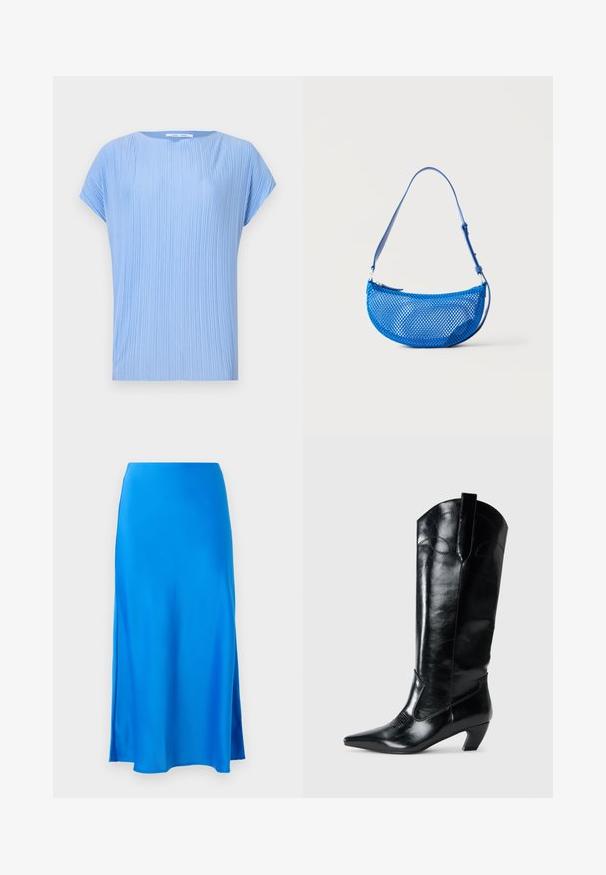 Haut bleu clair en tissu plissé. Il présente un col rond et des manches courtes, avec une texture lisse et légèrement brillante.; Jupe maxi en satin bleu avec une texture lisse, légèrement évasée, et une fente sur le côté, offrant une silhouette fluide.; Bottes en cuir noir montantes jusqu'au genou, avec une pointe effilée, un talon bas, et des détails de couture décoratifs sur les côtés. Fini lisse et brillant.; Sac à bandoulière bleu en mesh avec sangle réglable et fermeture éclair, présenté sur un fond blanc uni.