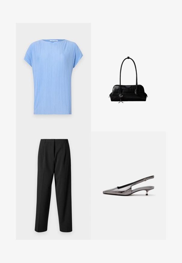 Haut bleu clair en tissu plissé. Il présente un col rond et des manches courtes, avec une texture lisse et légèrement brillante.; Pantalons noirs ajustés à coupe droite, avec un tissu texturé, des plis sur le devant et une ceinture lisse.; Chaussure slingback gris métallique à bout pointu, petit talon kitten et bride réglable sur fond blanc.; Sac à épaule en cuir noir à texture crocodile, avec de longues sangles et un petit charm logo argenté sur une sangle.