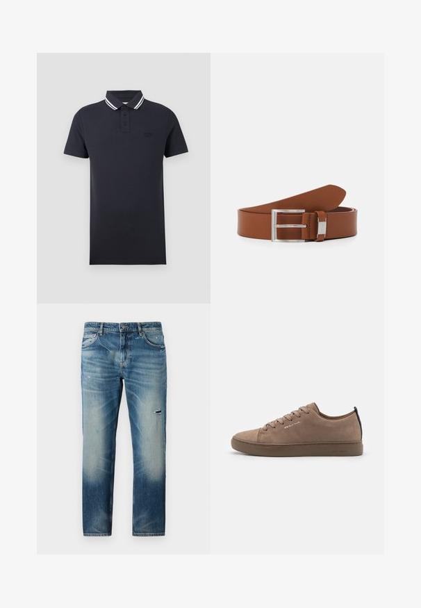 Schwarzes kurzärmeliges Poloshirt mit einer Knopfleiste und einem schwarzen Kragen mit zwei weißen Streifen.; Blaue Jeans aus Denim mit geradem Bein, die eine ausgewaschene Optik, leichte Abnutzungsspuren und subtile Waschungseffekte aufweisen. Klassisches Fünf-Taschen-Design.; Braune Wildledersneaker mit runder Zehenform, Schnürdesign, kontrastierendem Fersenriegel und geprägtem Logo. Flache Gummisohle, minimalistischer Stil.; Brauner Leder-Gürtel mit glatter Oberfläche, ausgestattet mit einer silbernen Doppelschließe und einem Logo-Detail in der Nähe der Schnalle.