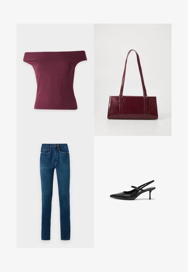 Bordeaux off-shoulder aansluitende top met brede halslijn en korte mouwen, weergegeven op een effen witte achtergrond.; Donkerblauwe denim jeans met een recht gesneden pijp, voorzien van een knoopsluiting, riemlussen en klassieke voor- en achterzakken.; Zwarte leren slingback hakken met een puntige neus, slanke verstelbare band en een ongeveer 5 cm hoge stiletto hak, met een gladde textuur.; Bourgondische handtas van glanzend materiaal, rechthoekige vorm, met twee schouderbanden en subtiele gebogen accenten aan de voorkant.