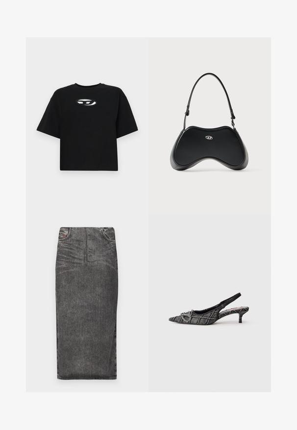 Μαύρη βαμβακερή μπλούζα t-shirt με cropped σχέδιο, κοντά μανίκια και στρογγυλή λαιμόκοψη. Διαθέτει αντίθετο οβάλ λογότυπο στο στήθος.; Γκρι τζιν μίντι φούστα με κάθετες ρίγες, διαθέτει ψηλή μέση, πέντε τσέπες και καθαρή γραμμή στο κάτω μέρος.; Μαύρο γόβα kitten heel με λουράκι, μυτερή μύτη, υφασμένη υφή και ασημένια λεπτομέρεια με αγκράφα σε λευκό φόντο.; Μαύρη τσάντα χειρός από τεχνητό δέρμα με μοναδικό καμπυλωτό σχήμα, κοντή λαβή και ασημένια λεπτομέρεια λογότυπου στο μπροστινό μέρος. Ομαλή υφή, μινιμαλιστικός σχεδιασμός.