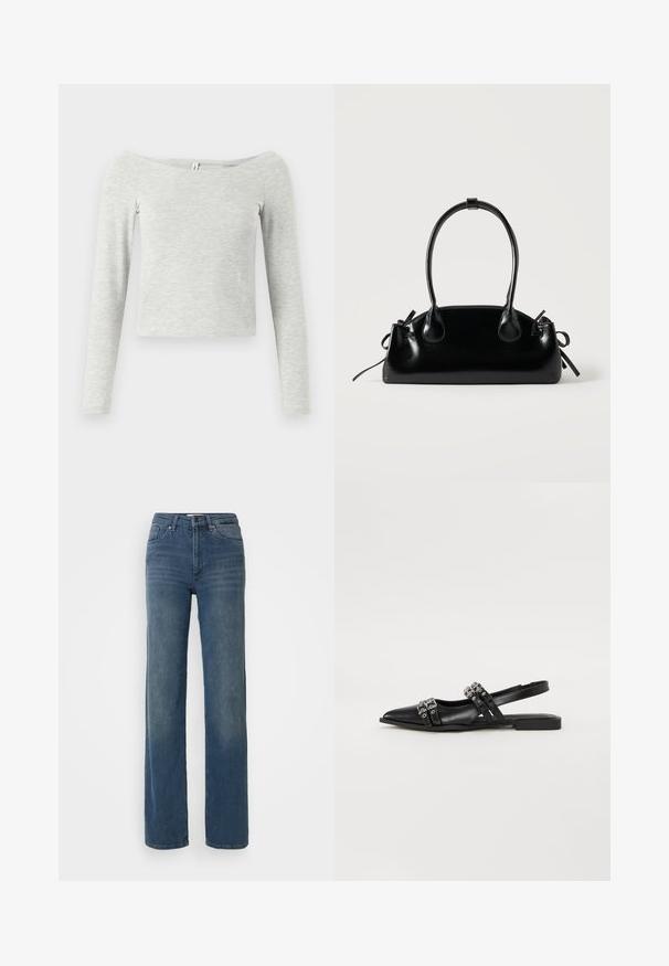 Šedý top s dlhým rukávom a dizajnom bez ramien, vyrobený zo soft, ľahkého materiálu, s jednoduchou, elegantnou siluetou.; Modré vysoké džínsy so rovnými nohavicami, prednými vreckami, pútkami na opasok, gombíkom a zipsovým zapínaním. S jemným vyblednutím na stehnách.; Even&Odd by Zalando Balerínky na šnúrky - black; Malá čierna lesklá kabelka s dvoma dlhými rúčkami a bočnými šnúrkovými detailmi na jednoduchom svetlom pozadí.
