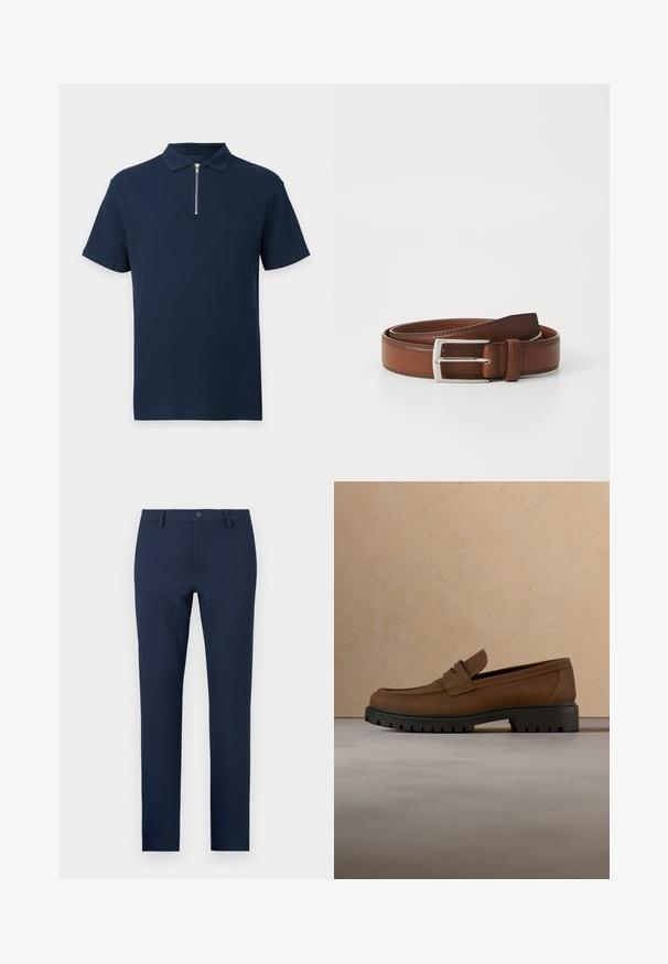 Marineblå kortærmet poloshirt med tekstureret stof og en sølvfarvet lynlås, der går fra kraven til midt på brystet.; Marineblå bukser lavet af et glat stof, med knaplukning, for- og baglommer, samt et skræddersyet, lige ben-design.; Mørkebrune læderloafer med tyk sort gummisål vist over en beige tæppe- og sofa baggrund.; Brun læderbælte med en glat overflade, præget af en sølvfarvet metalspænde og diskret syning langs kanterne. Klassisk og holdbart design.