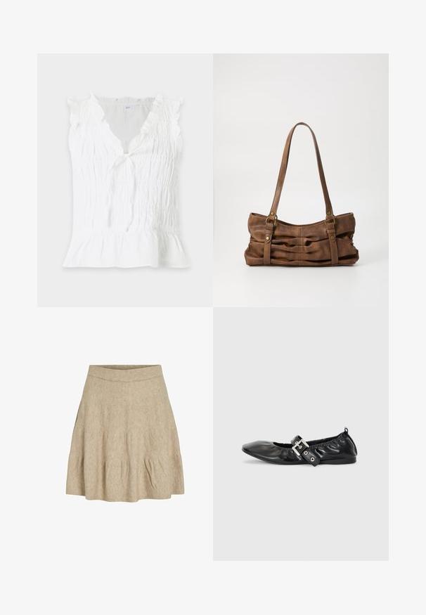 Blouse blanche sans manches avec tissu froncé, bords d'épaule volantés, décolleté en V et un léger ourlet péplum.; Une jupe courte beige en tissu doux et texturé, avec une taille côtelée et de légères plis près de l'ourlet.; Chaussure plate en cuir noir avec un nez pointu, des détails froncés autour de l'ouverture et un accent en boucle argentée sur la bride ajustable.; Even&Odd Sac à main - brown