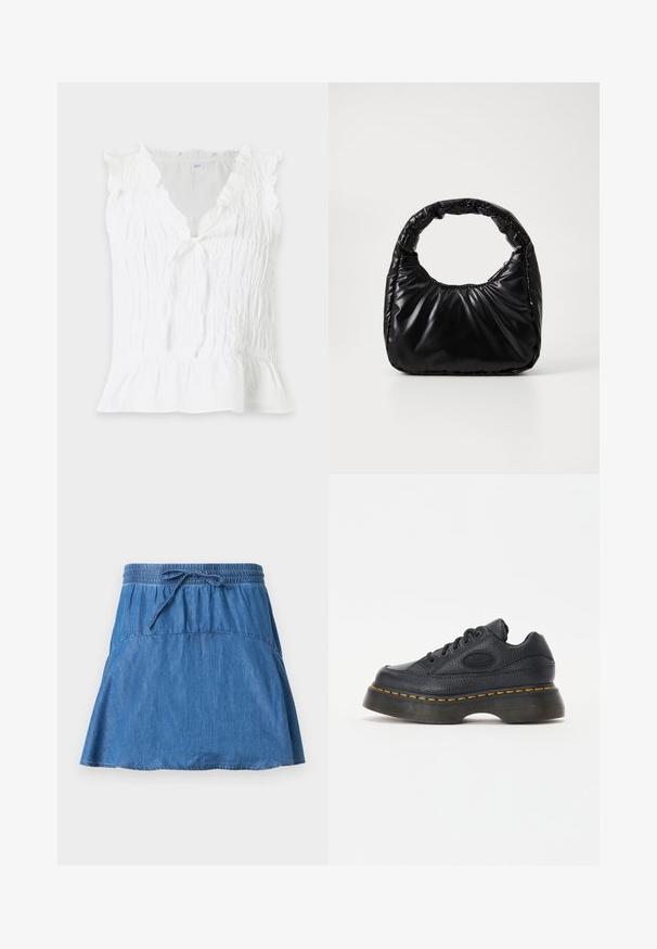 Witte mouwloze blouse met gerimpeld stof, gerimpelde schouderranden, V-hals en een lichte peplumzoom.; Blauwe denimrok met elastische tailleband en trekkoord, A-lijn vorm en zichtbare naaddetails op een effen achtergrond.; Zwarte leren sneaker met een gestructureerde afwerking, ronde neus en een dikke platformzool. Bevat gele accentstiksels en een merklogo aan de zijkant.; Zwarte gevoerde handtas met een ronde handgreep, met een gladde, glanzende oppervlakte en een zachte, gewatteerde textuur. Geen zichtbare metalen onderdelen of accenten.