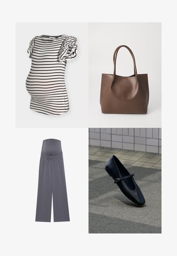 Haut de maternité blanc avec des rayures noires horizontales et des manches courtes à volants.; Pantalon de maternité gris avec un design à jambe large, taille élastique et cordon de serrage ajustable. Fabriqué en tissu doux et extensible pour le confort.; Chaussure plate Mary Jane en cuir noir avec une petite bride à boucle, posée sur une surface en asphalte gris près d'un mur carrelé.; Sac en cuir marron avec deux longues poignées, forme structurée, texture lisse et design minimaliste. Aucun matériel ni accent visible.