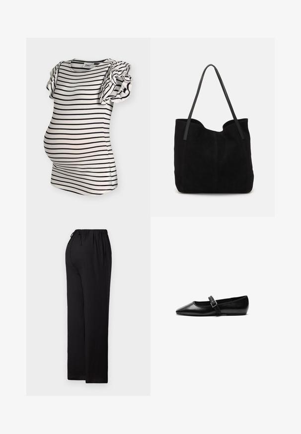 Top de maternidad blanco con rayas negras horizontales y mangas cortas con volantes.; Pantalones negros de corte relajado hechos de tejido ligero. Cuentan con una cinturilla elástica con cordón, diseño de pierna recta y dobladillo plano.; Zapato plano negro de cuero con punta afilada, correa ajustable con hebilla de metal, textura suave y diseño minimalista.; Bolso de mano de ante negro con dos correas de cuero largas y planas. Presenta un borde superior curvado y costuras visibles en la parte frontal. Sin acentos de metal.