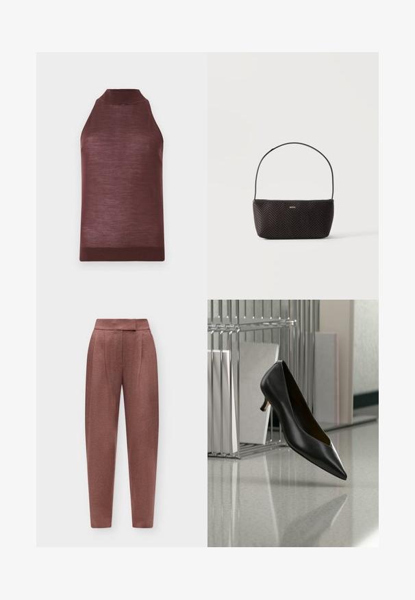 Top tricoté marron sans manches avec col haut et ourlet côtelé, présenté sur un fond clair uni.; Pantalon taille haute fuselé couleur rose poudré avec un devant plat et une fermeture cachée, présenté sur un fond clair uni.; Chaussure en cuir noir à bout pointu et talon kitten flottant au-dessus d'un sol gris moucheté, à côté d'un organiseur de fichiers en métal contenant des dossiers.; Sac à main noir tissé texturé avec une seule bandoulière et un petit logo doré "BOSS" au centre devant.