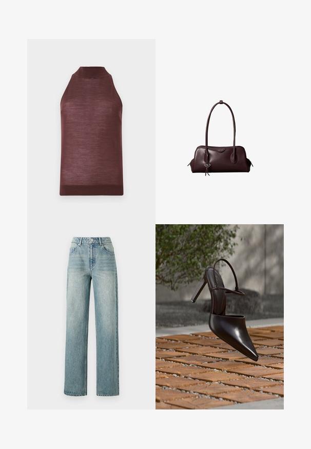 Mouwloos bruin gebreid topje met hoge kraag en geribde zoom, getoond op een effen lichte achtergrond.; Copenhagen Muse JEANNE PANTS - Relaxed fit jeans - medium dirty washed denim; Glanzende zwarte hoge hak mule met spitse neus en enkelriem, zwevend boven een oppervlak met terracottategels en grindvoegen.; Donkerbruine leren Calvin Klein handtas met lange dubbele handvatten en een kleine logo-sierhanger die aan één handvat hangt.