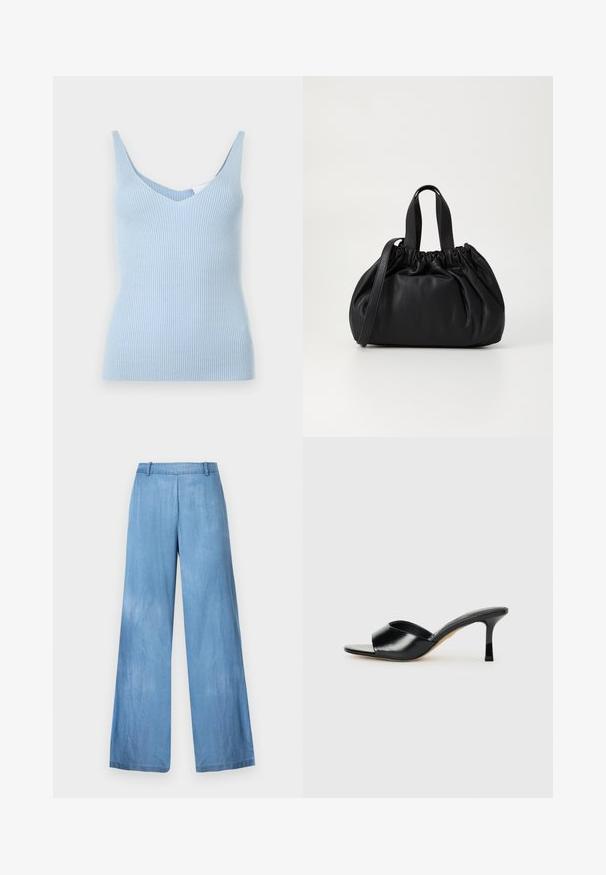 Lyseblå ribbet tanktop med dyb V-udskæring og brede stropper, lavet af blødt, strækbart materiale. Har en tætsiddende silhuet.; Lyseblå brede jeans lavet af denim, med høj talje, diskret falmning og en ren kant uden udsmykninger eller lommer.; Sorte læder højhælede mules med open-toe design og en bred, buet overdel. Glat tekstur og slank silhuet.; Sort læderhåndtaske med en samlet topdesign, der har to korte håndtag og en lang justerbar rem. Glat overflade, rund form.