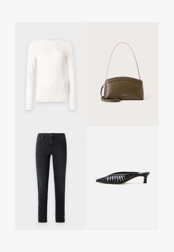 Hvid langærmet top lavet af ribstrikket stof. Har rund halsudskæring og en tætsiddende silhuet med teksturerede striber, der løber lodret.; Sorte slim-fit jeans med frontknap, bæltestropper og subtile falmede detaljer langs siderne og forsiden af lårene.; Sort læder mule med spids snude, stropdetalje og lav kittenhælk på hvid baggrund.; Olivengrøn Michael Kors-håndtaske med guldkæde skulderrem, buet top og lille gyldent logo foran, vist mod hvid baggrund.