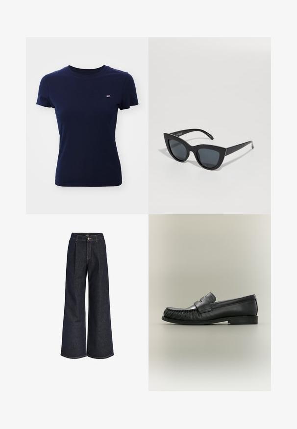 T-shirt en coton bleu marine avec un col rond classique, des manches courtes et un petit logo sur la poitrine. Texture lisse et design ajusté.; Jean en denim bleu foncé à jambes larges avec plis, fermeture par bouton et passants de ceinture, présenté sur un fond blanc.; Mocassin penny en cuir noir avec détail plissé au bout et talon bas empilé, vu de côté sur un fond neutre.; Lunettes de soleil noires en forme de œil de chat avec des verres foncés, une monture en plastique brillant et des bords angulaires. Marque visible sur la branche gauche.