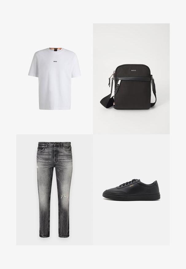 Weißes Baumwoll-T-Shirt mit kurzen Ärmeln, ausgestattet mit einem schwarzen "BOSS"-Logo, das mittig auf der Brust platziert ist, und einem runden Halsausschnitt.; Ausgewaschene schwarze Jeans mit geradem Schnitt, die abgenutzte Stellen, vordere Taschen und einen klassischen Knopfverschluss aufweisen.; Schwarze Leder-Sneaker mit glatter Textur, runder Zehenpartie, flacher Gummisohle und einfarbigen Schnürsenkeln. Mit goldfarbenem "BOSS" Logo an der Seite.; Schwarze Umhängetasche aus strukturiertem Stoff, mit Logo auf der Vorderseite, Reißverschluss und verstellbarem Tragegurt. Verfügt über eine glatte Lederbesatz.