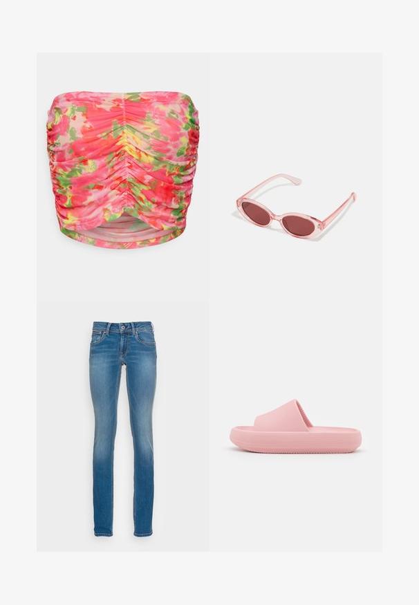 ONLY Petite ONLPARIS - Μπλούζα - fuchsia pink; Ανοιχτό μπλε τζιν παντελόνι με σφιχτή εφαρμογή, πέντε τσέπες και αντίθετη πορτοκαλί ραφή, φέρει κλείσιμο με κουμπί και φερμουάρ.; Ροζ σαμπό με άνω μέρος με υφή και παχιά σόλα. Ο σχεδιασμός διαθέτει μια διακριτική ραβδωτή επιφάνεια και επίπεδη βάση.; Ροζ διαφανή γυαλιά ηλίου με ωοειδείς φακούς, σκούρο κόκκινο τόνισμα και κομψούς βραχίονες, με απαλή υφή και διακριτές λεπτομέρειες στο σκελετό.