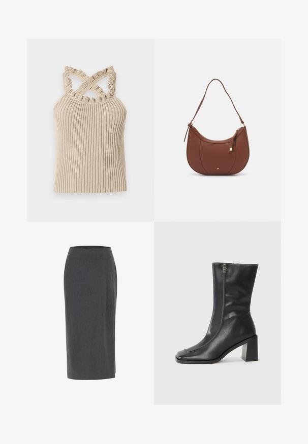 Beiges, geripptes Tanktop mit gerafftem Ausschnitt und gekreuzten Trägern, mit figurbetonter Silhouette und strukturierter Stoffqualität.; Grauer Bleistiftrock aus strukturiertem Stoff, knielang, mit taillierter Taille und einem subtilen seitlichen Faltendetail.; Schwarze Leder-Stiefelette mit quadratischer Zehenpartie, seitlichem Reißverschluss und chunky, quadratischem Absatz. Mit Kontrastnähten entlang der vorderen Naht.; Braune Kunstleder-Schultertasche mit geschwungener Form, minimaler Naht und goldfarbener Hardware-Akzent. Verfügt über einen oberen Reißverschluss und einen verstellbaren Trageriemen.