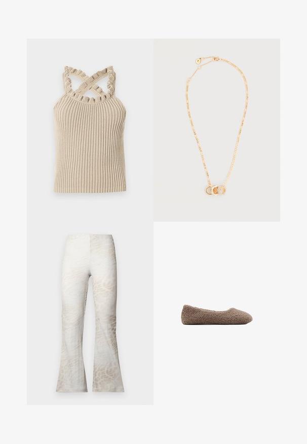 Beige ribbet tanktop med flæsekant ved halsen og krydsede stropper, der har en tætsiddende silhuet og tekstureret stof.; Viddebukser lavet af letvægtsstof med et diskret mønster i beige og creme samt vertikal ribtekstur, minimalistisk design.; Brun, fleece-fodret ballet flats med rund tå. Blød tekstur og sømløst design, der har en lav profil. Ingen synlige detaljer.; Guld kædehalskæde med tre sammenlåste ringe: en glat, en med juveler, en tekstureret, på en lys baggrund.