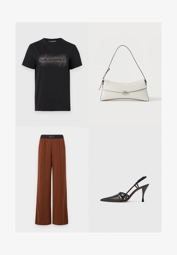 Camiseta de algodón negra con un diseño texturizado y adornos metálicos en forma de puntos que forman la palabra "KARL LAGERFELD" en la parte frontal.; Pantalones de pierna ancha en una rica tela marrón con una cinturilla elástica negra. Presentan costuras verticales para un aspecto ajustado y una textura suave.; Zapato de tacón alto de charol negro con punta afilada, diseño de tiras entrecruzadas y tacón de aguja delgado. Textura suave y acentos mínimos.; Bolso de hombro de cuero blanco con solapa curvada, borde negro, correa ajustable y cierre decorativo plateado sobre un fondo liso.