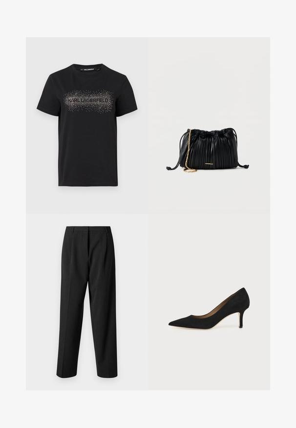 Camiseta de algodón negra con un diseño texturizado y adornos metálicos en forma de puntos que forman la palabra "KARL LAGERFELD" en la parte frontal.; Pantalones negros a medida con un diseño de pierna recta, que presentan una tela texturada, pliegues frontales y una cinturilla suave.; Salón de ante negro con punta puntiaguda, tacón de aguja delgado de altura media y diseño de corte bajo sobre un fondo liso.; Bolso de mano negro de cuero plisado con cordón ajustable, cadena dorada como asa y un pequeño detalle horizontal dorado en la parte frontal.