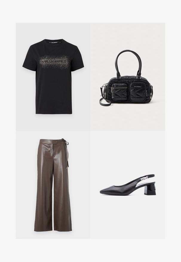 Sort bomulds t-shirt med et struktureret design og metalliske prikker, der staver "KARL LAGERFELD" over forsiden.; Brune faux læder vide bukser med høj talje og sidesnor-detalje på hvid baggrund.; Sort læder slingback-sko med spids tå, lav blokhæl og sølvspænde på remmen, vist i profil mod hvid baggrund.; Sort quiltet håndtaske lavet af syntetisk materiale, med to frontlommer med lynlås og en aftagelig skulderrem. Glat tekstur, rund form.