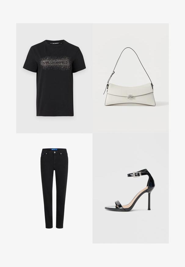 Sort bomulds t-shirt med et struktureret design og metalliske prikker, der staver "KARL LAGERFELD" over forsiden.; Sorte denimjeans med slim fit, fem lomme-design, lynlås og metalknaplukning. Har subtil syning og en mellemhøj talje.; Sort højhælet sandal i laklæder med ankelrem. Har minimalistisk design, åben tå og spænde med rhinsten-detaljer.; Hvid skuldertaske i læder med buet klap, sort kant, justerbar rem og sølv dekorativ spænde på ensfarvet baggrund.