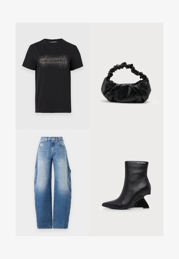 Camiseta de algodón negra con un diseño texturizado y adornos metálicos en forma de puntos que forman la palabra "KARL LAGERFELD" en la parte frontal.; Jeans de pierna ancha en azul claro, hechos de denim. Presentan una cintura alta, un ligero desgaste, grandes bolsillos laterales y detalles de costura en contraste.; Botín negro de cuero con tacón curvado y esculpido y logo de Karl Lagerfeld cerca del borde superior sobre un fondo blanco.; Bolso de mano de cuero negro texturizado con asa elástica fruncida y sutil logo "Karl Lagerfeld Jeans" en el centro inferior delantero.