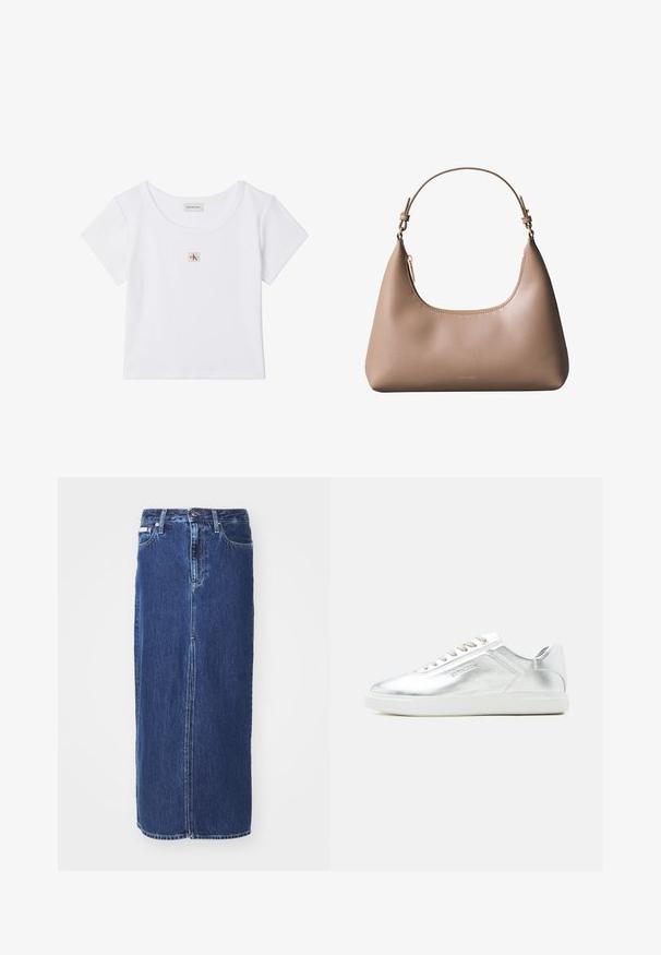 Hvid cropped t-shirt med korte ærmer, rund halsudskæring og lille firkantet Calvin Klein Jeans-logo på midten foran.; Mørkeblå denimnederdel, knælang, med slidse foran, traditionel talje og fem-lommes design med kontrasterende syninger.; Lavtskåret metallic sølv sneaker med hvid sål og snørebånd, glat tekstur og subtil præget branding på siden.; Beige skuldertaske i læder med kort håndtag, buet toplynlås og minimalistisk Calvin Klein-logo foran.