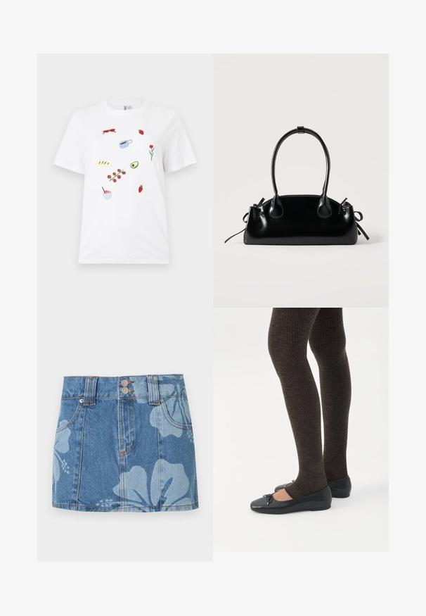 Λευκό T-shirt με μικρά κεντημένα σχέδια από κόκκινα γυαλιά ηλίου, φράουλες, μια κούπα καφέ, ψωμί, μια κληματίδα ντομάτας, μισό αβοκάντο, λουλούδι και μπολ για επιδόρπιο.; Μπλε μίνι φούστα τζιν με μεγάλα ανοιχτόχρωμα λουλουδένια σχέδια, μπροστινές τσέπες, θηλιές για ζώνη και διπλό κλείσιμο με κουμπιά στη μέση.; Πόδια με σκουρόχρωμα ριμπ κολάν συνδυασμένα με μαύρα μπαλαρίνα παπούτσια με μικρές λεπτομέρειες φιόγκων σε λευκό φόντο.; Μικρή μαύρη γυαλιστερή τσάντα με δύο μακριές λαβές και λεπτομέρειες με ρυθμιζόμενο κορδόνι στο πλάι σε απλό ανοιχτό φόντο.