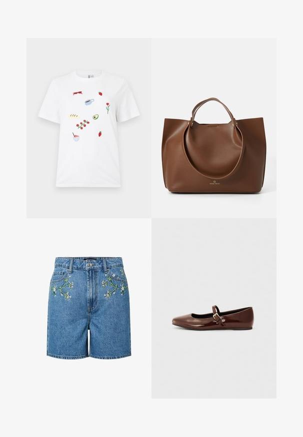 Hvid T-shirt med små broderede motiver af røde solbriller, jordbær, en kaffekop, brød, en tomatranke, en avocado halvdel, en blomst og en dessertskål.; Blå denimshorts med foran blomsterbroderi, knap- og lynlås lukning samt forlommer.; Brun patentlæder balletflade med firkantet tå og strop med en lille guldbuckle. Glat tekstur, lav hæl og minimalistisk design.; Brun læder tote bag med en glat tekstur, store runde håndtag, prydet med minimalistisk design og logo prentet på bunden.