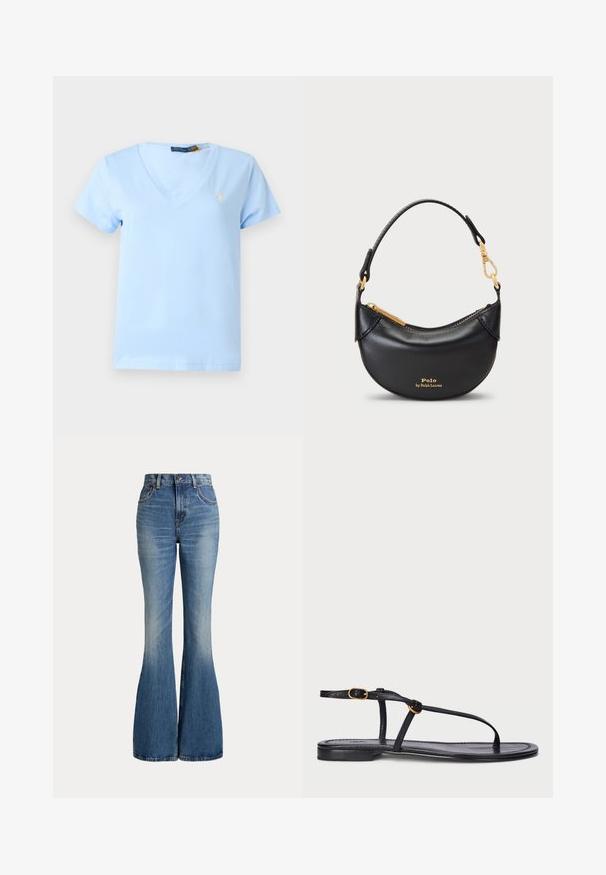 Hellblaues kurzärmeliges T-Shirt mit V-Ausschnitt und kleinem, gelbem Polo Ralph Lauren Sticklogo auf der linken Brust.; Hoch taillierte blaue Denim-Jeans mit ausgestellten Beinen und leichtem Verblassen im vorderen Oberschenkelbereich, vor weißem Hintergrund gezeigt.; Schwarze flache Sandale mit minimalistischem Design. Sie verfügt über dünne Riemen, einen Zehensteg, goldene Akzente und eine glatte, strukturierte Sohle.; Schwarze Lederhandtasche mit geschwungener Silhouette, Metallreißverschluss und kurzem Griff. Ausgestattet mit goldenem Metall und geprägtem Logo auf der Vorderseite.